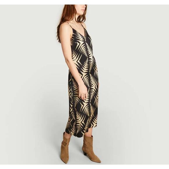 ba&sh Napi Dress Geo Print V Neck Backless Slip Midi Noir Black Tan NWT Large - Picture 3 of 15